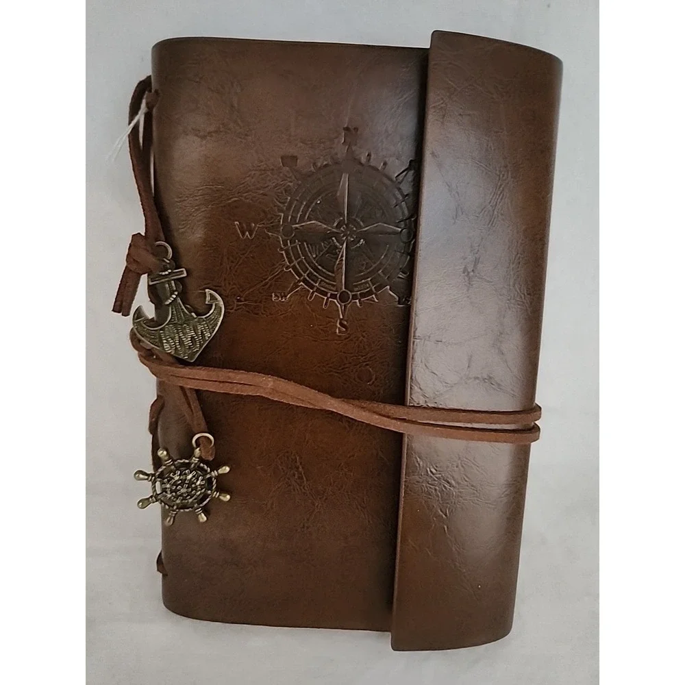 Nautical Compass Leather Journal Refillable Travel Notebook Brown‎ Anchor Charms